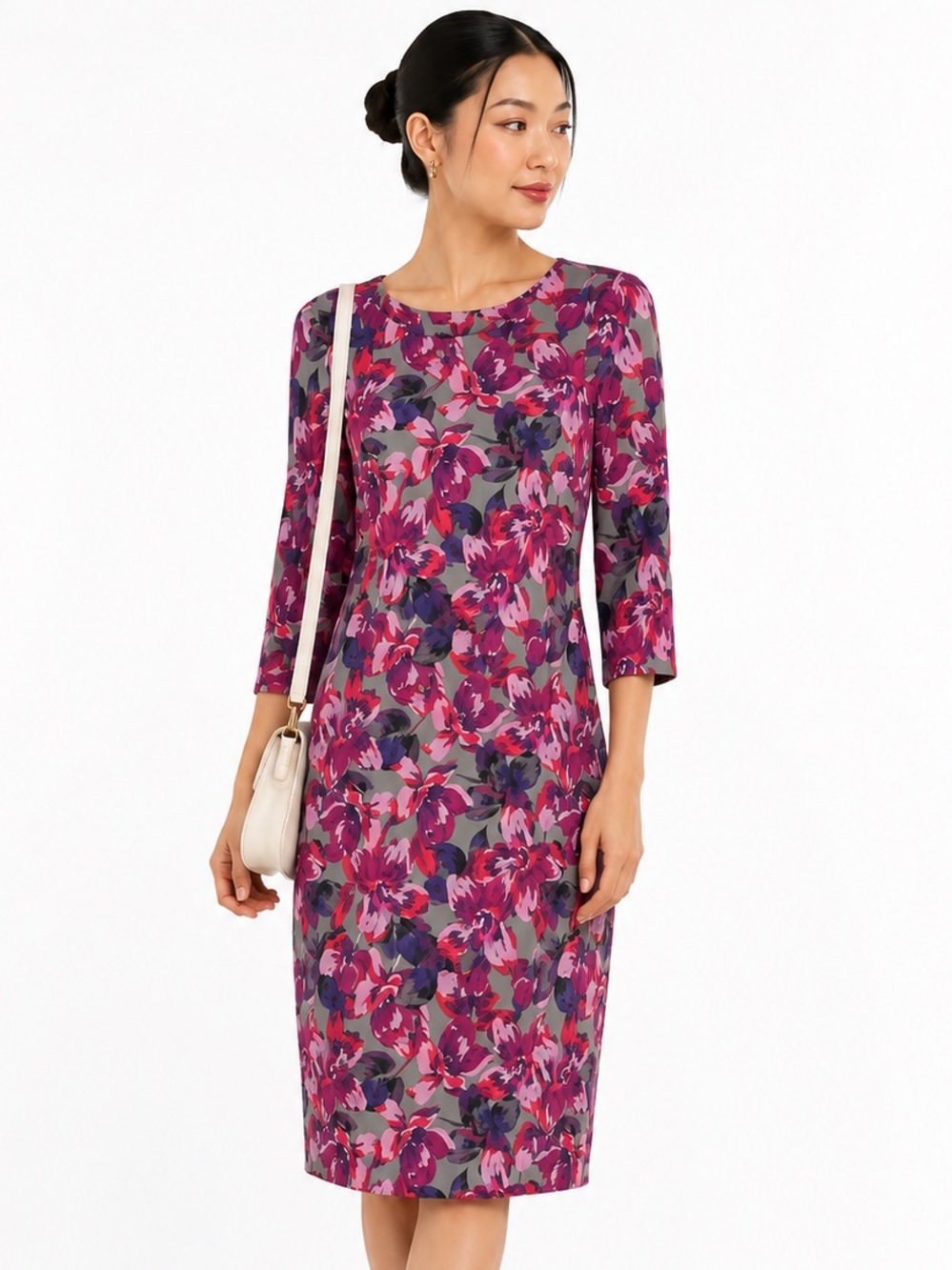 Tommy Hilfiger Dress Floral Purple Grey Pink‎ 3/4 Sleeve Women’s Midi Size 10